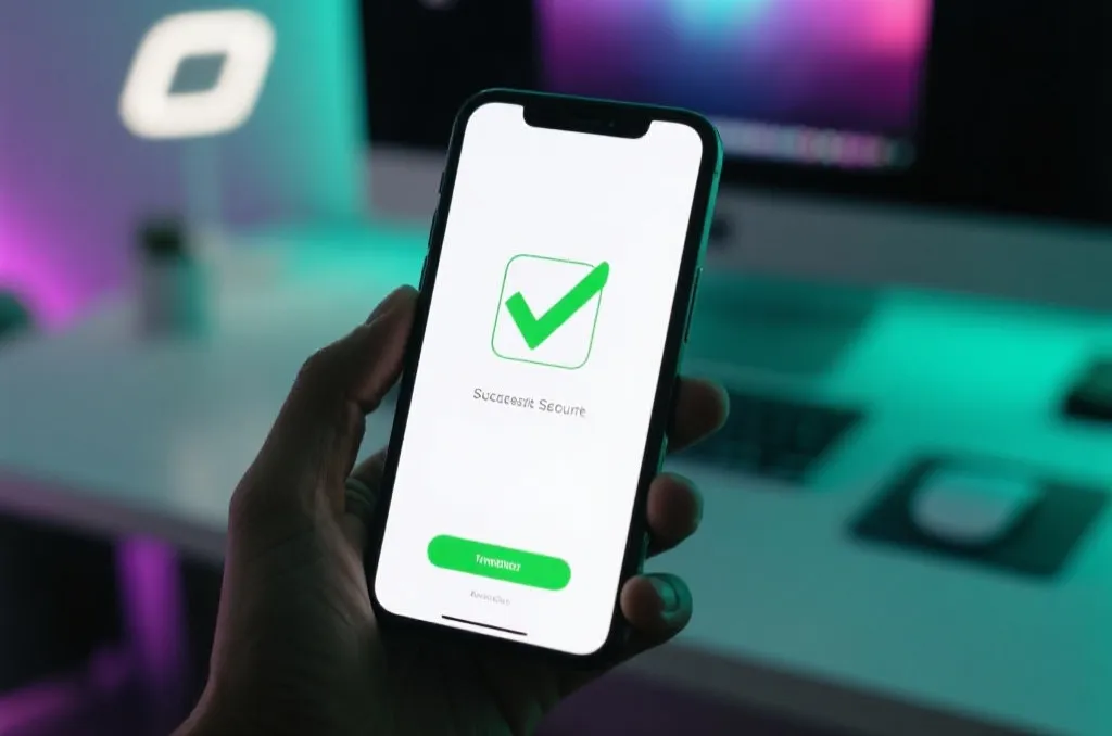 Close-up of smartphone displaying a secure transaction successful screen with green checkmark