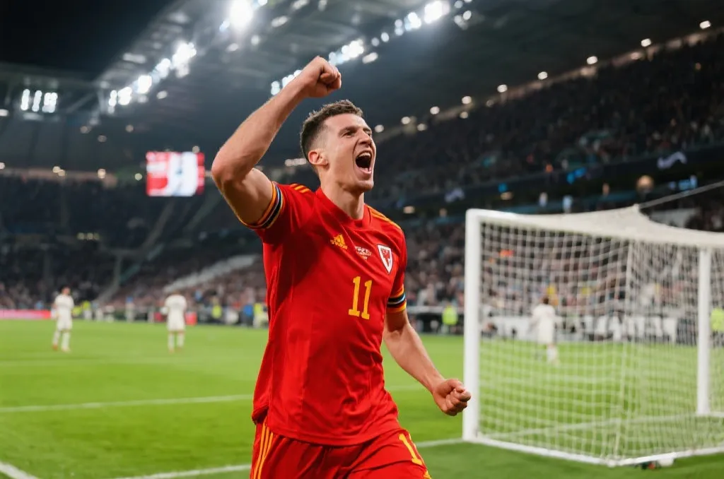A soccer player in a vibrant red jersey celebrating a dramatic late-minute goal inside a massive stadium