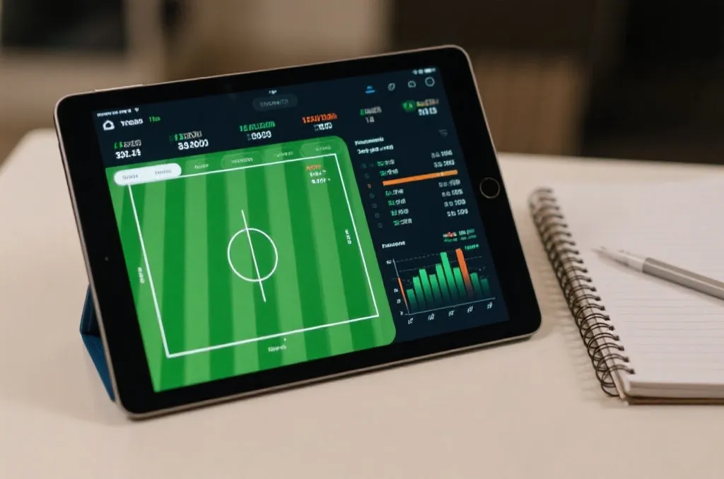 A tablet screen displaying real-time sports statistics analysis and match prediction graphics next to a notebook